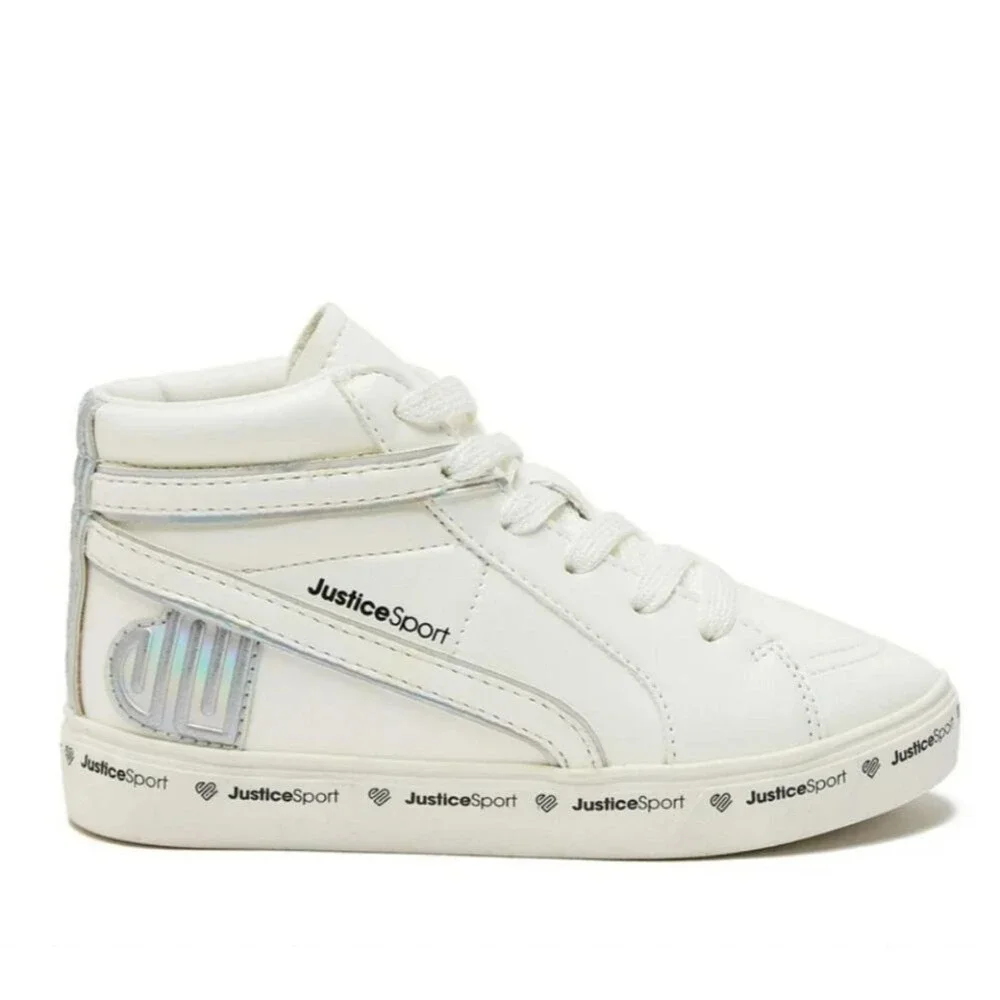 NWT Justice Sport Girls' Mid Court Iridescent Pearl Holographic Sneakers, Sz 4